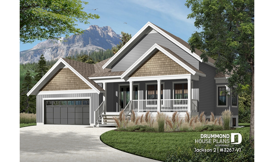 Color version 3 - Front - Craftsman 1 to 4 bedroom bungalow house plan with game room and 2 living rooms, master bed on main floor - Jackson 2