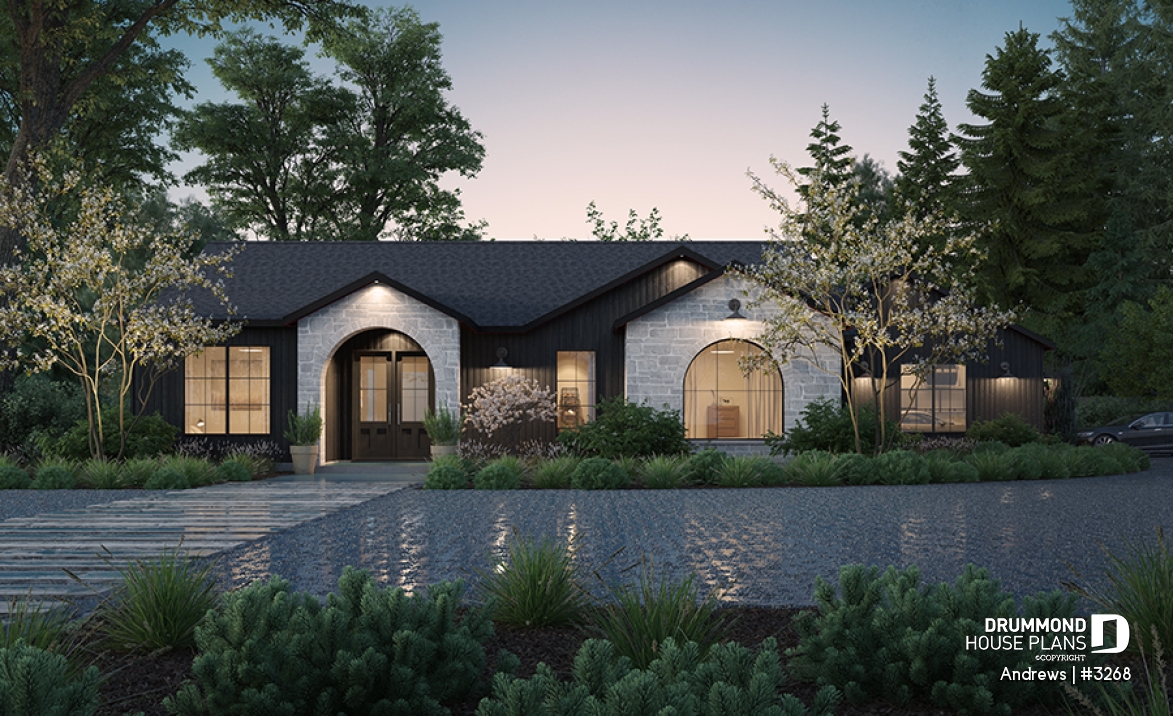 front - BASE MODEL - Contemporary split bedroom home model with 3 bedrooms, den and a 2-car garage - Andrews