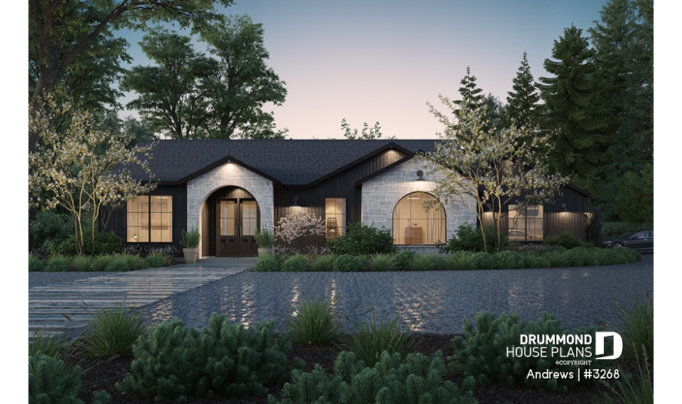front - BASE MODEL - Contemporary split bedroom home model with 3 bedrooms, den and a 2-car garage - Andrews