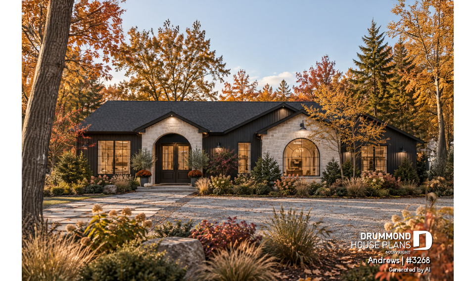 front - BASE MODEL - Contemporary split bedroom home model with 3 bedrooms, den and a 2-car garage - Andrews
