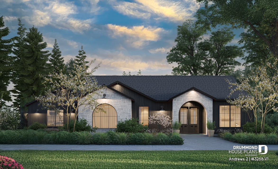 front - BASE MODEL - Modern single-story residential house plan, stunning primary suite, a two-car garage, and foundation options - Andrews 2