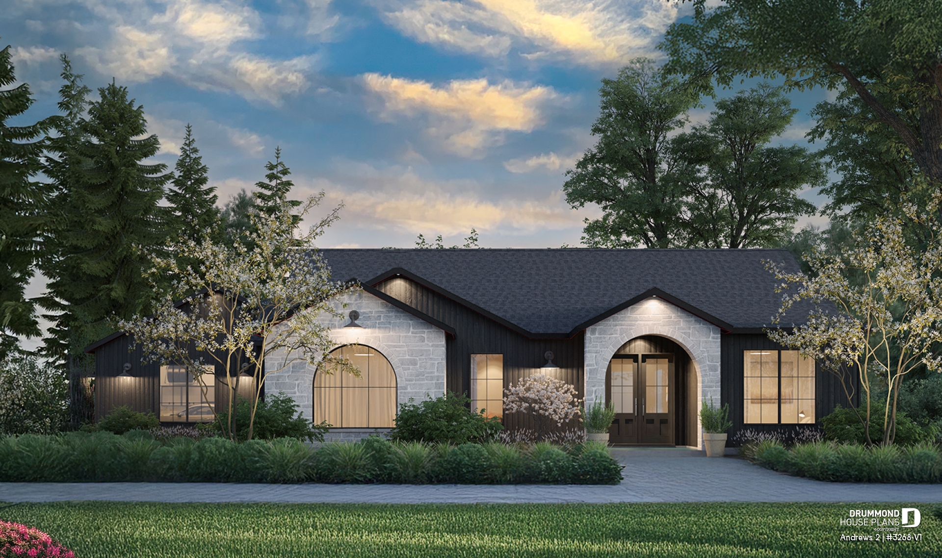 front - BASE MODEL - Modern single-story residential house plan, stunning primary suite, a two-car garage, and foundation options - Andrews 2