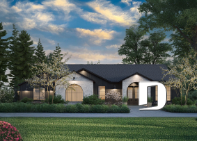 front - BASE MODEL - Modern single-story residential house plan, stunning primary suite, a two-car garage, and foundation options - Andrews 2