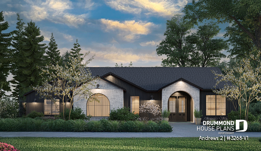 front - BASE MODEL - Modern single-story residential house plan, stunning primary suite, a two-car garage, and foundation options - Andrews 2