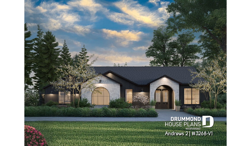 front - BASE MODEL - Modern single-story residential house plan, stunning primary suite, a two-car garage, and foundation options - Andrews 2