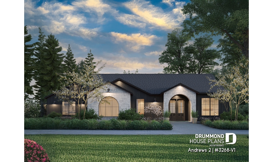 front - BASE MODEL - Modern single-story residential house plan, stunning primary suite, a two-car garage, and foundation options - Andrews 2