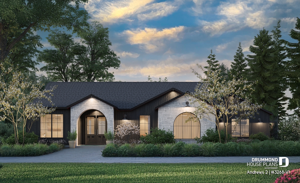 front - BASE MODEL - Modern single-story residential house plan, stunning primary suite, a two-car garage, and foundation options - Andrews 2