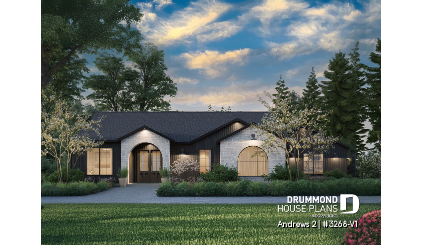 front - BASE MODEL - Modern single-story residential house plan, stunning primary suite, a two-car garage, and foundation options - Andrews 2