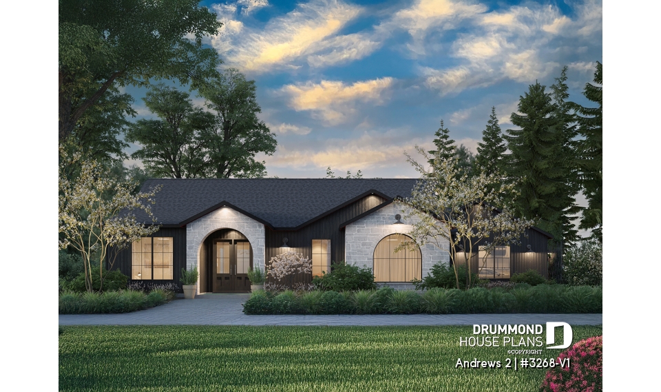 front - BASE MODEL - Modern single-story residential house plan, stunning primary suite, a two-car garage, and foundation options - Andrews 2