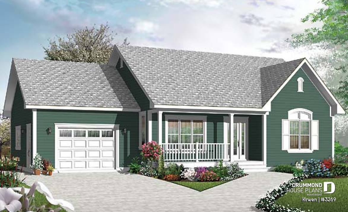 front - BASE MODEL - Single storey country house plan with 2 bedrooms, computer corner, pantry, planning desk and garage - Kirwen