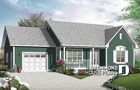 front - BASE MODEL - Single storey country house plan with 2 bedrooms, computer corner, pantry, planning desk and garage - Kirwen