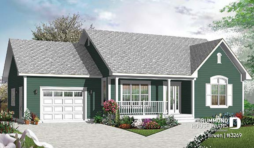 front - BASE MODEL - Single storey country house plan with 2 bedrooms, computer corner, pantry, planning desk and garage - Kirwen