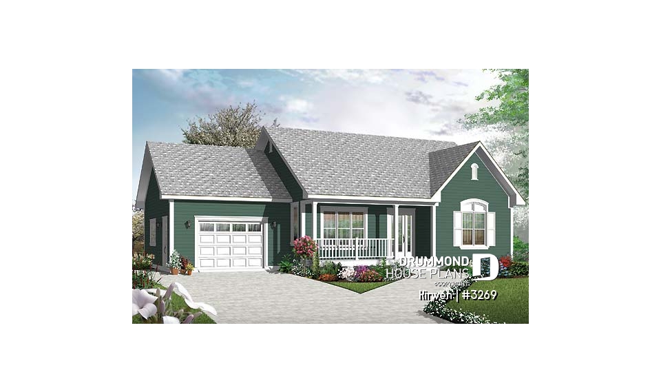 front - BASE MODEL - Single storey country house plan with 2 bedrooms, computer corner, pantry, planning desk and garage - Kirwen