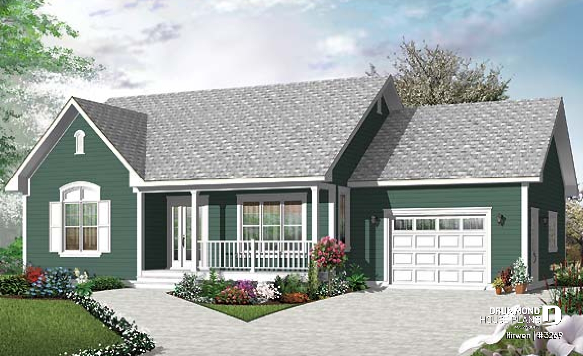 front - BASE MODEL - Single storey country house plan with 2 bedrooms, computer corner, pantry, planning desk and garage - Kirwen