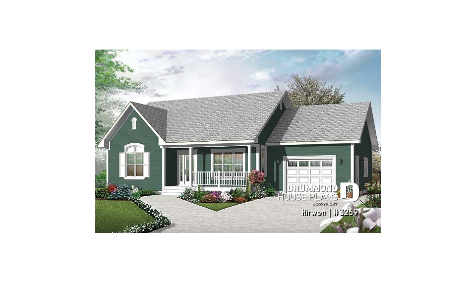front - BASE MODEL - Single storey country house plan with 2 bedrooms, computer corner, pantry, planning desk and garage - Kirwen