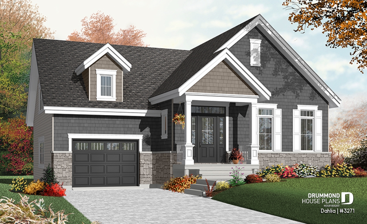 Color version 1 - Front - Craftsman bungalow house plan with open floor plan concept, bonus space (bedroom or else) and garage - Dahlia