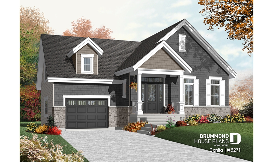 Color version 1 - Front - Craftsman bungalow house plan with open floor plan concept, bonus space (bedroom or else) and garage - Dahlia