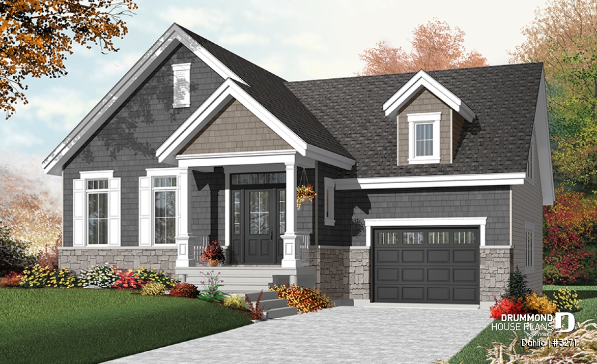 Color version 1 - Front - Craftsman bungalow house plan with open floor plan concept, bonus space (bedroom or else) and garage - Dahlia