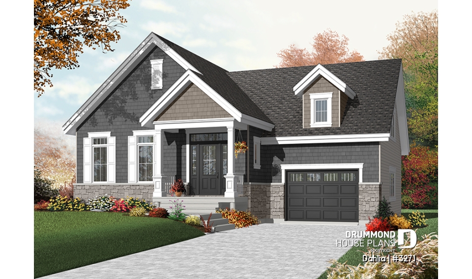 Color version 1 - Front - Craftsman bungalow house plan with open floor plan concept, bonus space (bedroom or else) and garage - Dahlia
