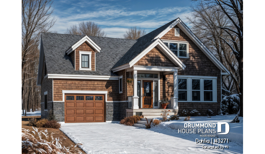 front - BASE MODEL - Craftsman bungalow house plan with open floor plan concept, bonus space (bedroom or else) and garage - Dahlia