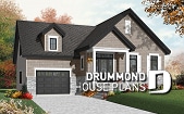 Color version 5 - Front - Single storey 2 to 3 bedroom Cape Cod house plan with garage, open concept, bonus room, fireplace - Lilly