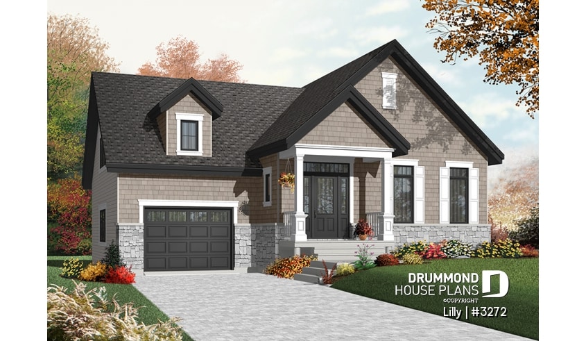 Color version 5 - Front - Single storey 2 to 3 bedroom Cape Cod house plan with garage, open concept, bonus room, fireplace - Lilly
