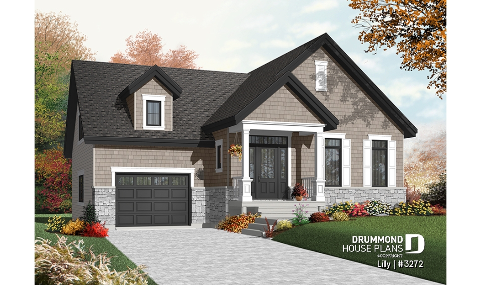 Color version 5 - Front - Single storey 2 to 3 bedroom Cape Cod house plan with garage, open concept, bonus room, fireplace - Lilly