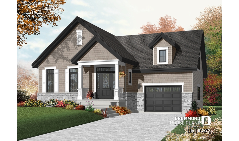 Color version 5 - Front - Single storey 2 to 3 bedroom Cape Cod house plan with garage, open concept, bonus room, fireplace - Lilly