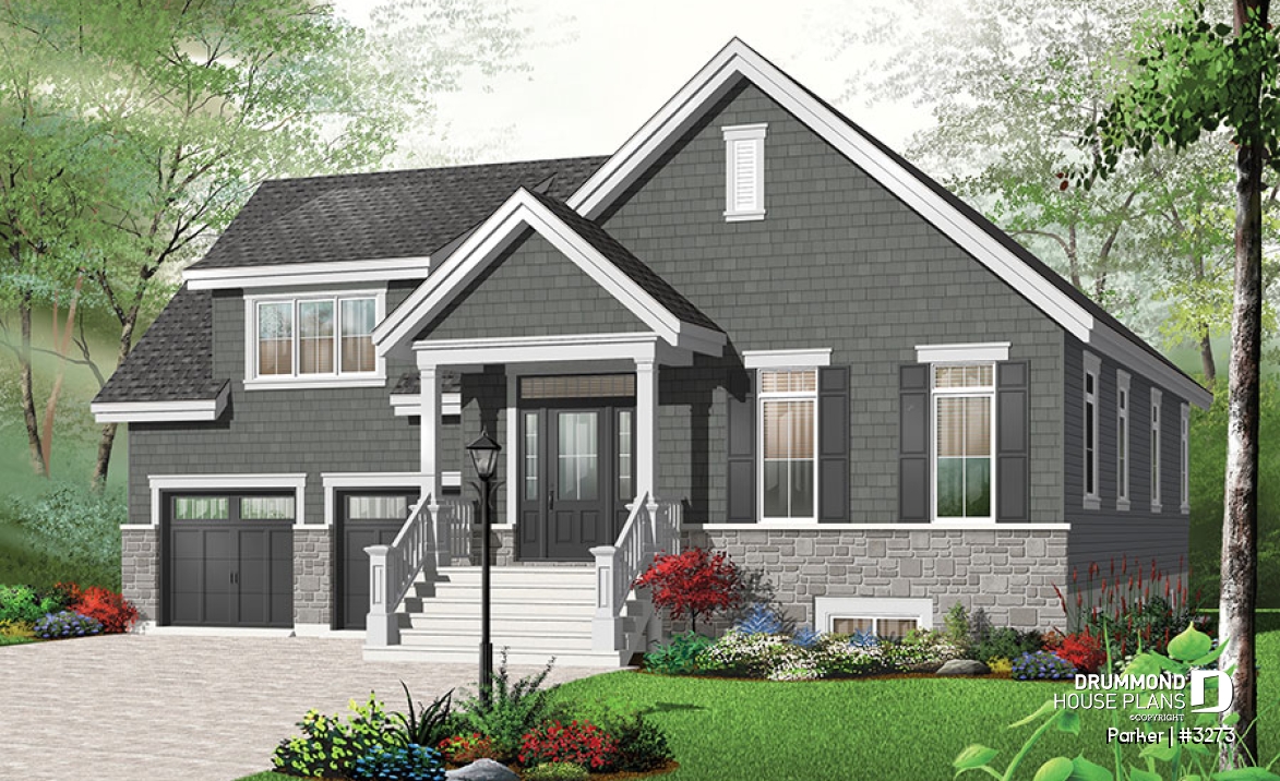 front - BASE MODEL - 3 bedroom bungalow house plan, 2-car garage w / bonus room, 3 bedrooms, fireplace, kitchen island - Parker