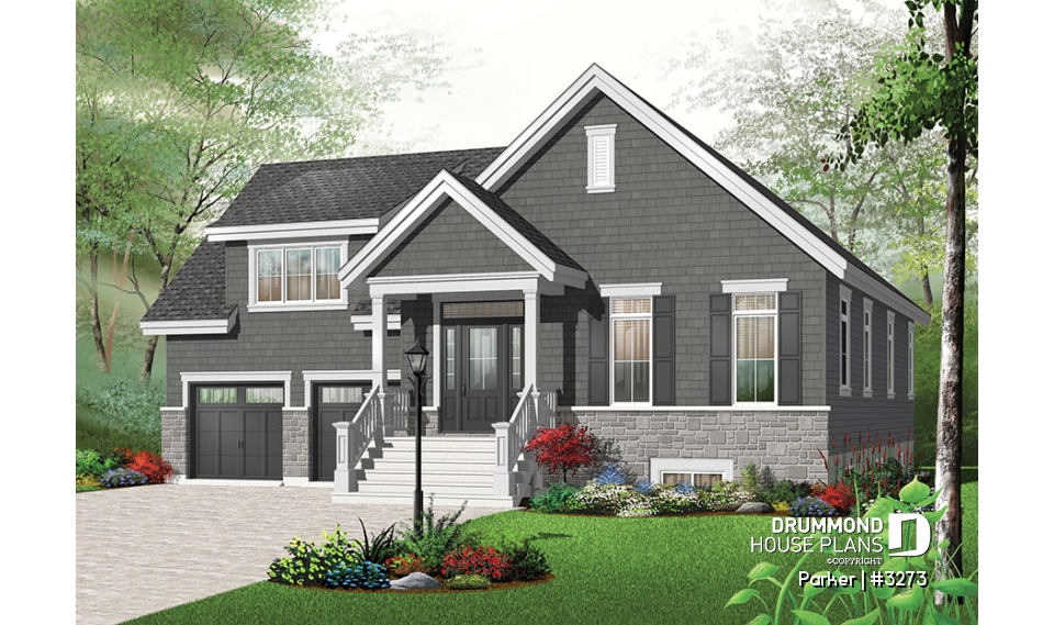 front - BASE MODEL - 3 bedroom bungalow house plan, 2-car garage w / bonus room, 3 bedrooms, fireplace, kitchen island - Parker