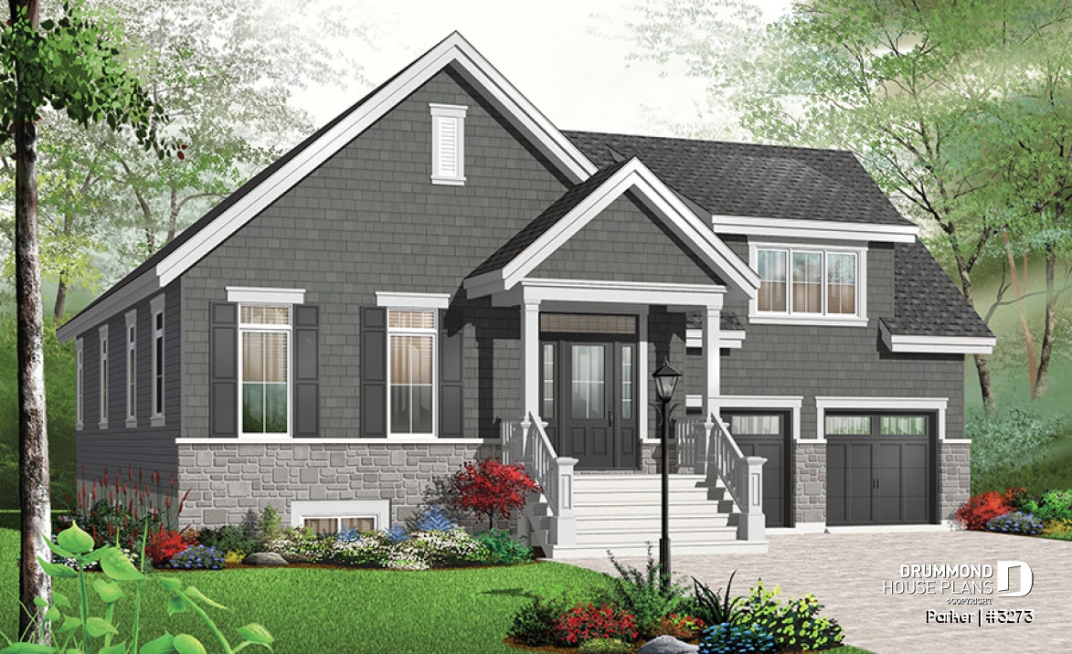 front - BASE MODEL - 3 bedroom bungalow house plan, 2-car garage w / bonus room, 3 bedrooms, fireplace, kitchen island - Parker