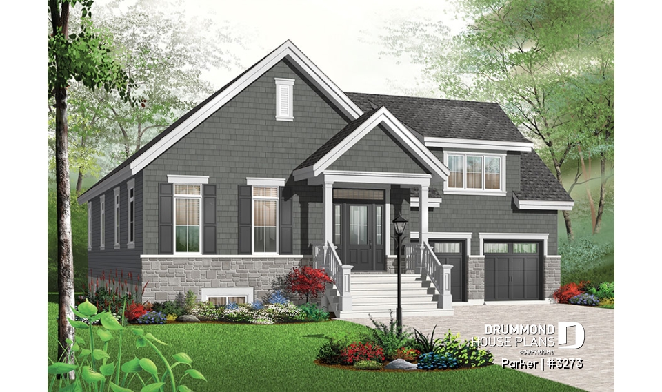 front - BASE MODEL - 3 bedroom bungalow house plan, 2-car garage w / bonus room, 3 bedrooms, fireplace, kitchen island - Parker