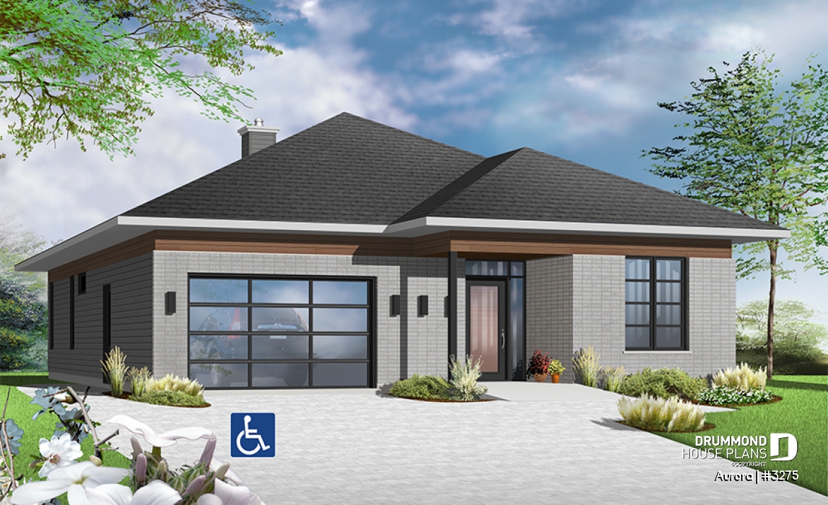 front - BASE MODEL - Wheel chair accessible house plan, 2 bedrooms, 9ft. ceiling, large covered patio, fireplace - Aurora