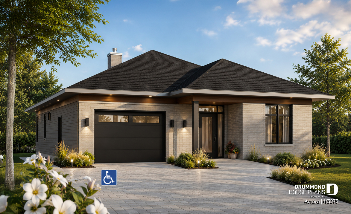 front - BASE MODEL - Wheel chair accessible house plan, 2 bedrooms, 9ft. ceiling, large covered patio, fireplace - Aurora