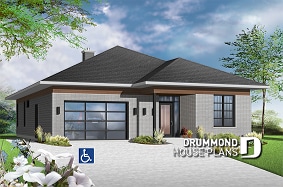 front - BASE MODEL - Wheel chair accessible house plan, 2 bedrooms, 9ft. ceiling, large covered patio, fireplace - Aurora