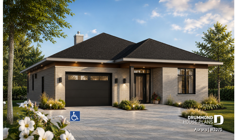 front - BASE MODEL - Wheel chair accessible house plan, 2 bedrooms, 9ft. ceiling, large covered patio, fireplace - Aurora