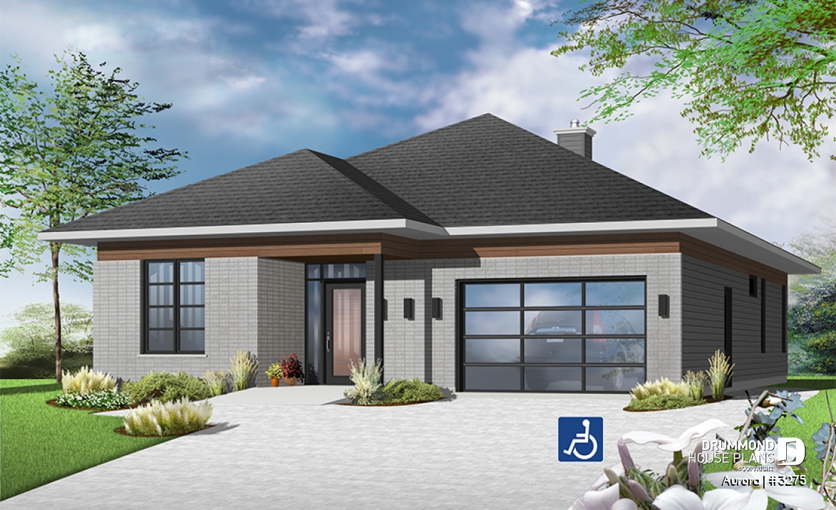 front - BASE MODEL - Wheel chair accessible house plan, 2 bedrooms, 9ft. ceiling, large covered patio, fireplace - Aurora