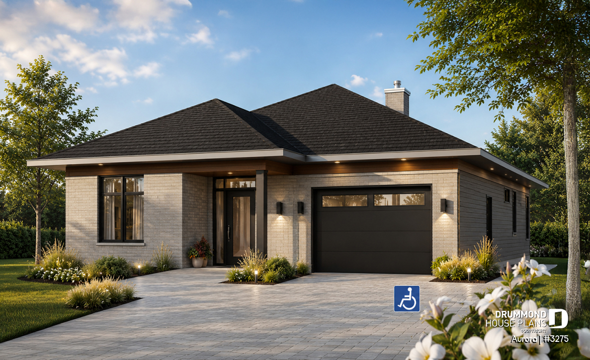 front - BASE MODEL - Wheel chair accessible house plan, 2 bedrooms, 9ft. ceiling, large covered patio, fireplace - Aurora
