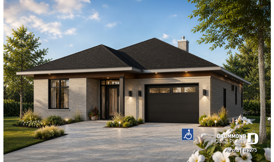front - BASE MODEL - Wheel chair accessible house plan, 2 bedrooms, 9ft. ceiling, large covered patio, fireplace - Aurora