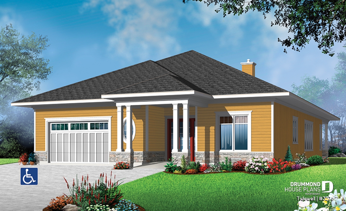 front - BASE MODEL - Modern 3 bedroom house plan adapted for wheel chair, open floor plan, fireplace, garage, laundry room - Tidewell