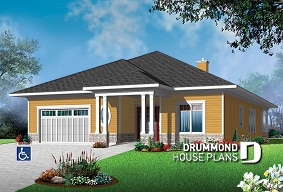 front - BASE MODEL - Modern 3 bedroom house plan adapted for wheel chair, open floor plan, fireplace, garage, laundry room - Tidewell