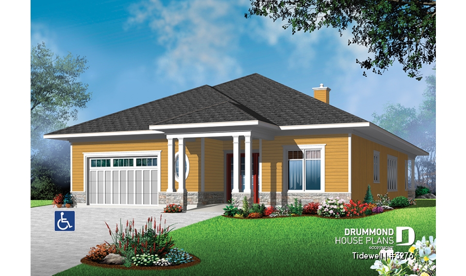 front - BASE MODEL - Modern 3 bedroom house plan adapted for wheel chair, open floor plan, fireplace, garage, laundry room - Tidewell