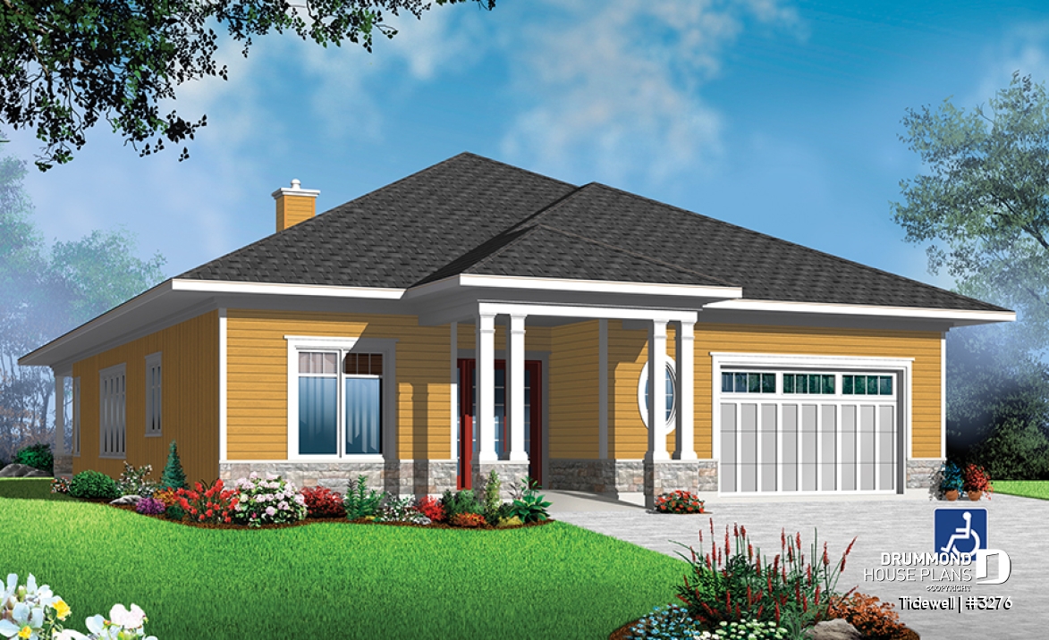 front - BASE MODEL - Modern 3 bedroom house plan adapted for wheel chair, open floor plan, fireplace, garage, laundry room - Tidewell