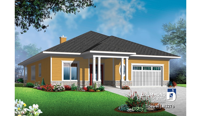 front - BASE MODEL - Modern 3 bedroom house plan adapted for wheel chair, open floor plan, fireplace, garage, laundry room - Tidewell