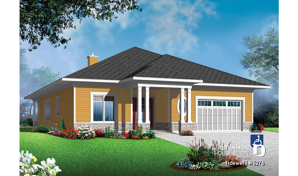 front - BASE MODEL - Modern 3 bedroom house plan adapted for wheel chair, open floor plan, fireplace, garage, laundry room - Tidewell