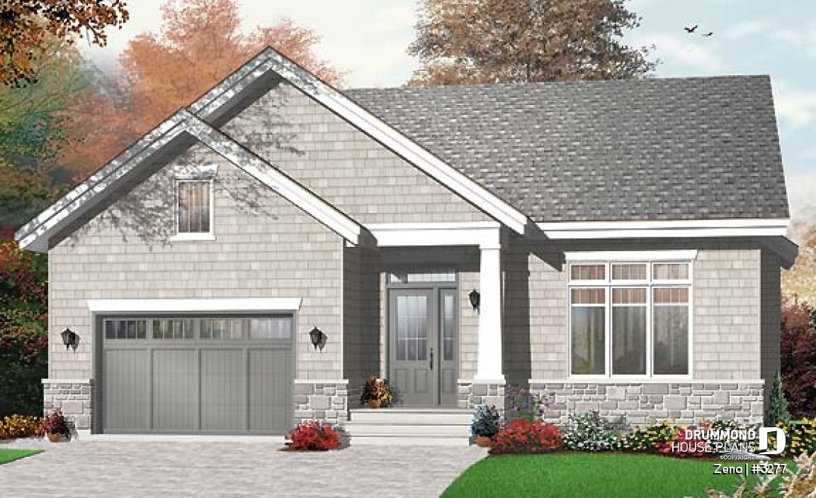 front - BASE MODEL - Craftsman house plan, sunken living room with fireplace, master bed with walk-in, large bathroom &amp; laundry - Zena