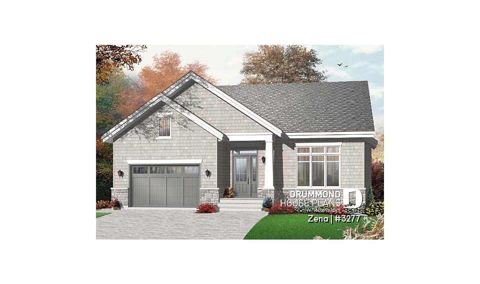 front - BASE MODEL - Craftsman house plan, sunken living room with fireplace, master bed with walk-in, large bathroom &amp; laundry - Zena