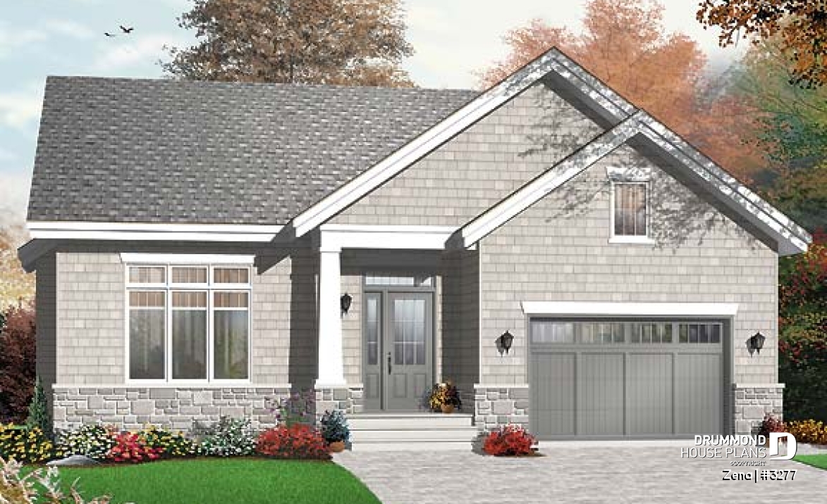 front - BASE MODEL - Craftsman house plan, sunken living room with fireplace, master bed with walk-in, large bathroom &amp; laundry - Zena