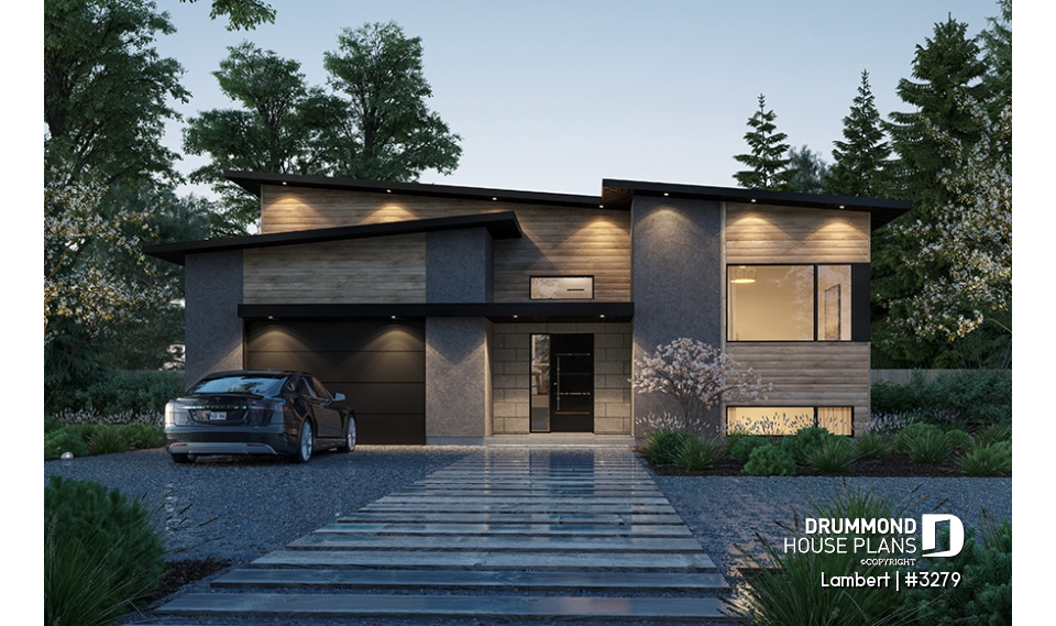 front - BASE MODEL - Contemporary split-entry home design with 2 to 5 bedrooms, home office, garage and more! - Lambert