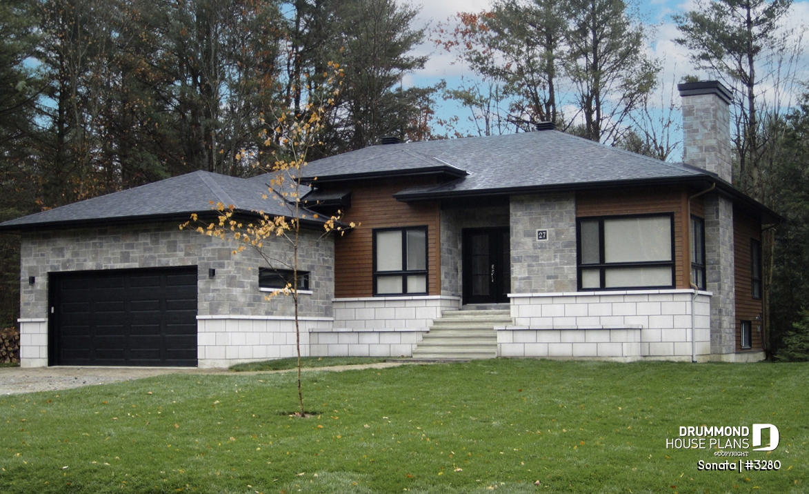 front - BASE MODEL - Affordable Ranch bungalow, home office (or bed # 3), 2-car garage, pantry, fireplace, laundry room - Sonata